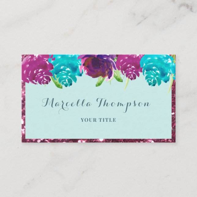 Carte De Visite Fille Aquarelle Turquoise Fuchsia Parties scintill (Devant)