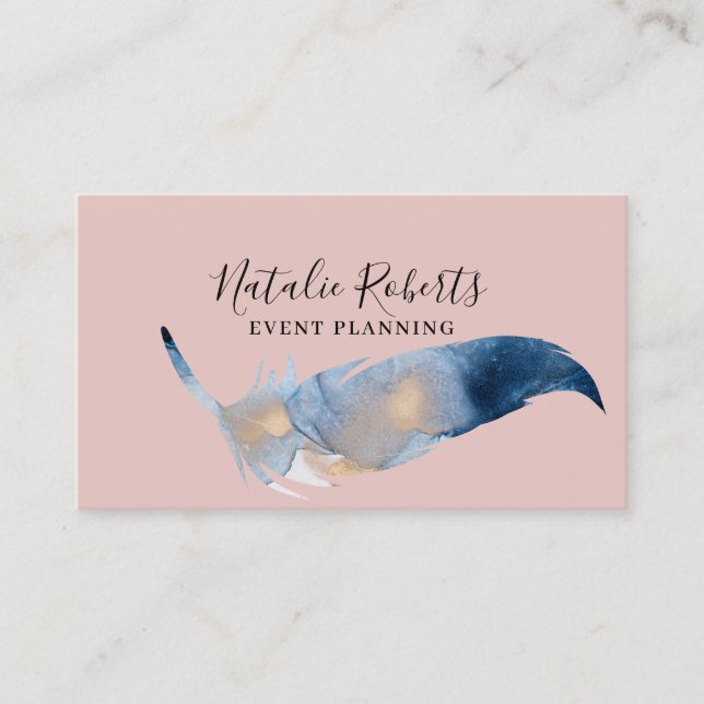 Carte De Visite Fille Blush Pink Aquarelle Feather Planning des év (Devant)
