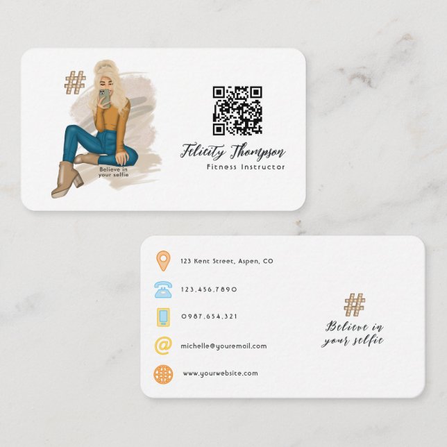 Carte De Visite Fille de selfie à la mode avec code QR (Devant / Derrière)
