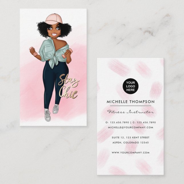 Carte De Visite Fille instructrice de fitness afro branchée (Devant / Derrière)