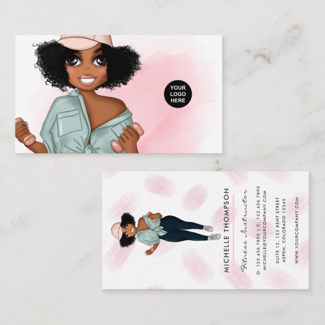 Carte De Visite Fille instructrice de fitness afro branchée entrep (Devant / Derrière)