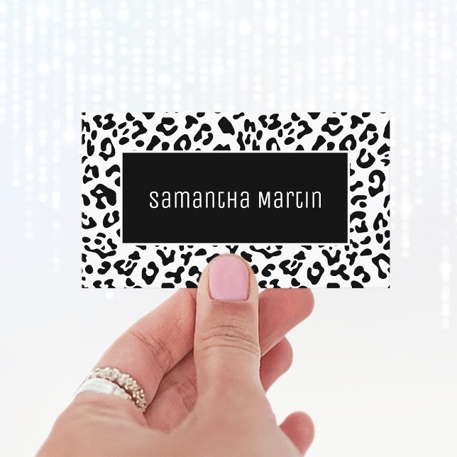 Carte De Visite Fille noir et blanc tache léopard (Minimalist Black and White Leopard Business Cards)