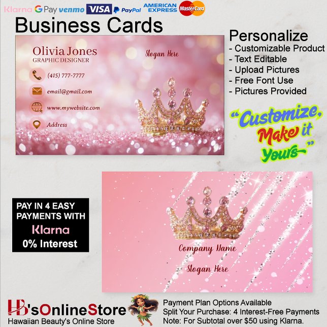 Carte De Visite Fille Parties scintillant tendance élégante Couron (Girly Business Trendy Glitter Elegant Crown Business Card 30.)