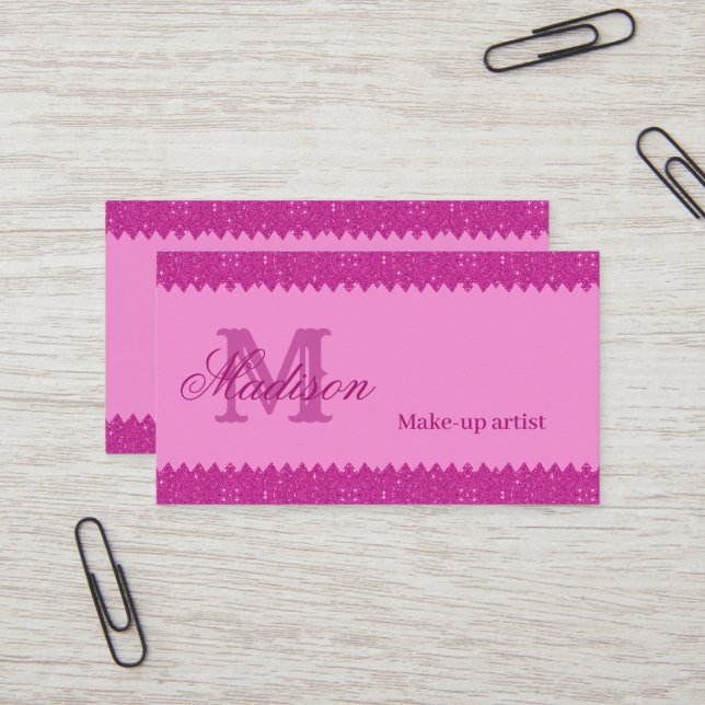 Carte De Visite Fille rose parties scintillant zigzag, monogramme (Devant/Arrière en situation)