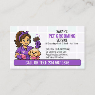 Carte De Visite Fille toiletteuse pour chiots à brosse violette QR