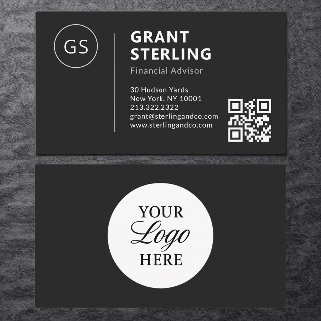 Carte De Visite Financial Advisor Black White Logo QR Code Moderne (Créateur téléchargé)