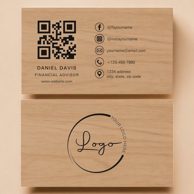 Carte De Visite Financial Advisor Wood Professional QR Code (Créateur téléchargé)