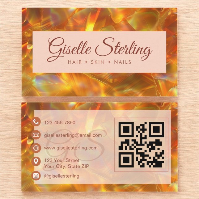 Carte De Visite Fire Opal Stone élégant moderne Amber QR Code (Créateur téléchargé)