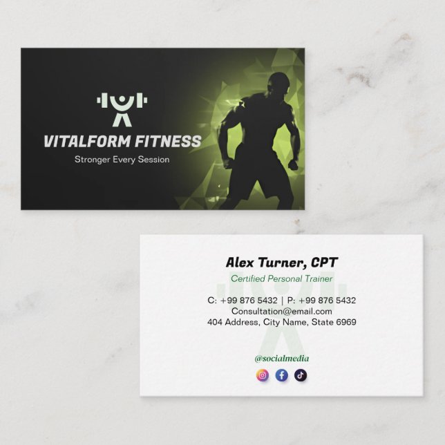 Carte De Visite Fitness Trainer Business | Black Muscle (Devant / Derrière)