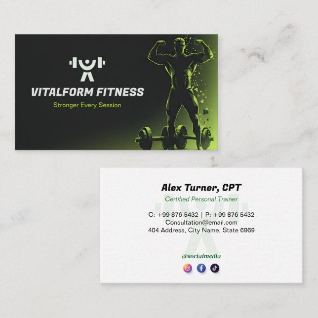 Carte De Visite Fitness Trainer Business | Black Muscle (Devant / Derrière)