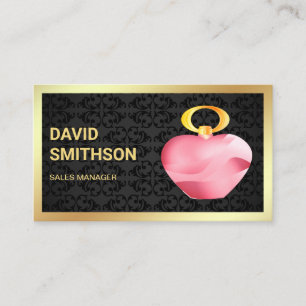 Carte De Visite Flacon de parfum rose à feuille d'or Damassé noir