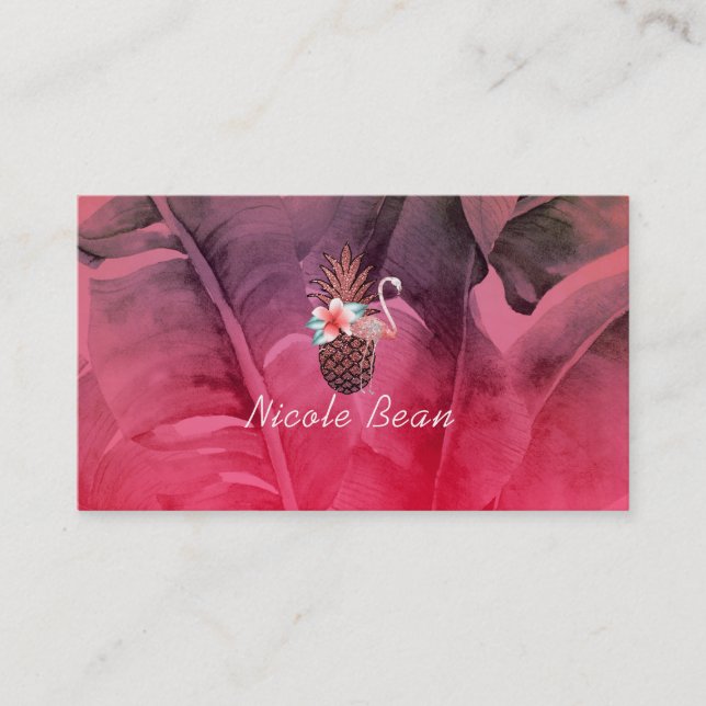 Carte De Visite Flamant rose d'ananas rose tropicale et Feuilles d (Devant)