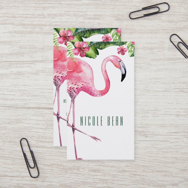 Carte De Visite Flamant rose & Hibiscus Feuilles Florales Tropical (Devant/Arrière en situation)