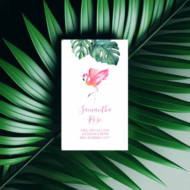 Carte De Visite Flamant rose rose Monstera Palm Feuilles (event decorations business cards watercolor pink flamingo tropical palm leaves Victoria Grigaliunas)