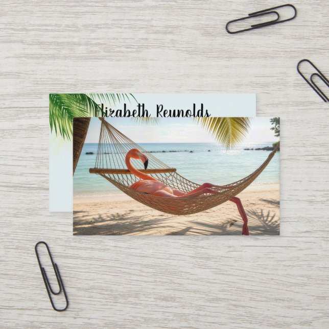 Carte De Visite Flamant rose se prélassant dans un hamac de plage  (Devant/Arrière en situation)