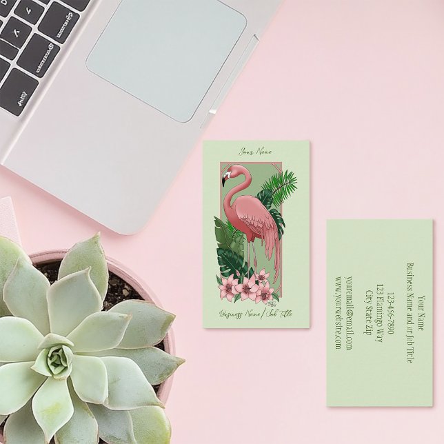 Carte De Visite Flamant Rose Tropical Feuilles de Palmier Vert Lys (Créateur téléchargé)