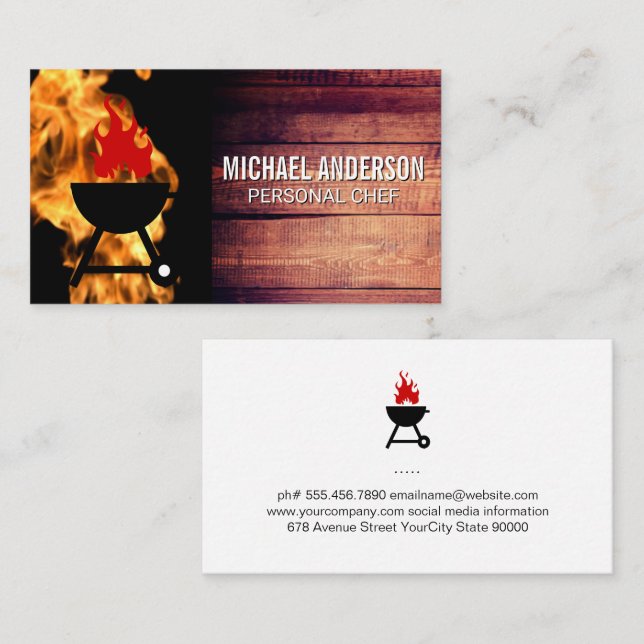 Carte De Visite Flamme de feu | Logo Chef BBQ | Restaurant (Devant / Derrière)