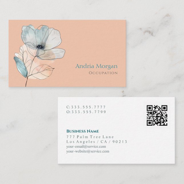 Carte De Visite Fleur Aquarelle tendance, Nom, Code QR, Pêche (Devant / Derrière)