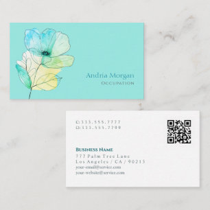 Carte De Visite Fleur Aquarelle tendance, Nom, Code QR, Turquoise 