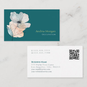 Carte De Visite Fleur Aquarelle tendance, Nom QR Code, Vert Bleu