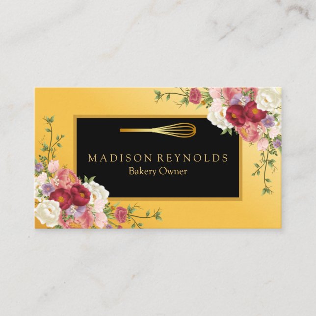 Carte De Visite Fleur de Glace Dorée Pâtissier Fouet Logo (Devant)