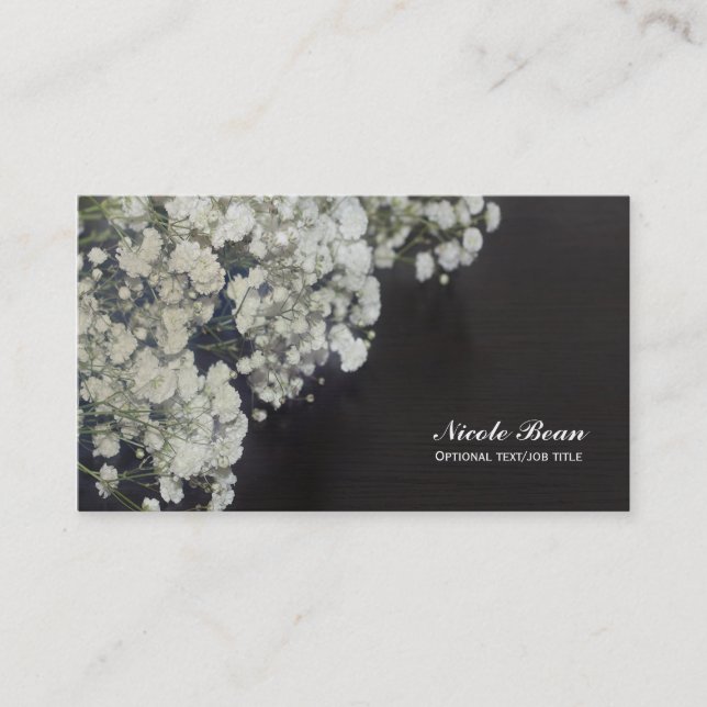 Carte De Visite Fleur de Gypsophile & Bois Rustique Foncé Élégant (Devant)