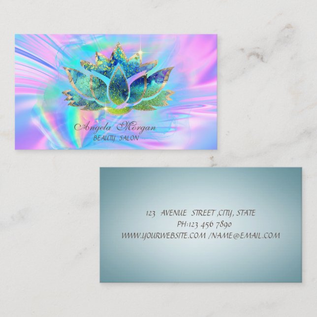 Carte De Visite Fleur de Lotus Chic Bleu Élégant Holographique (Devant / Derrière)