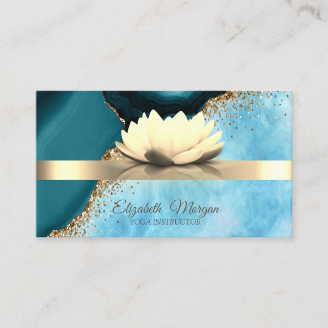 Carte De Visite Fleur de Lotus de Yoga à Rayure Dorée sur Marbre (Devant)