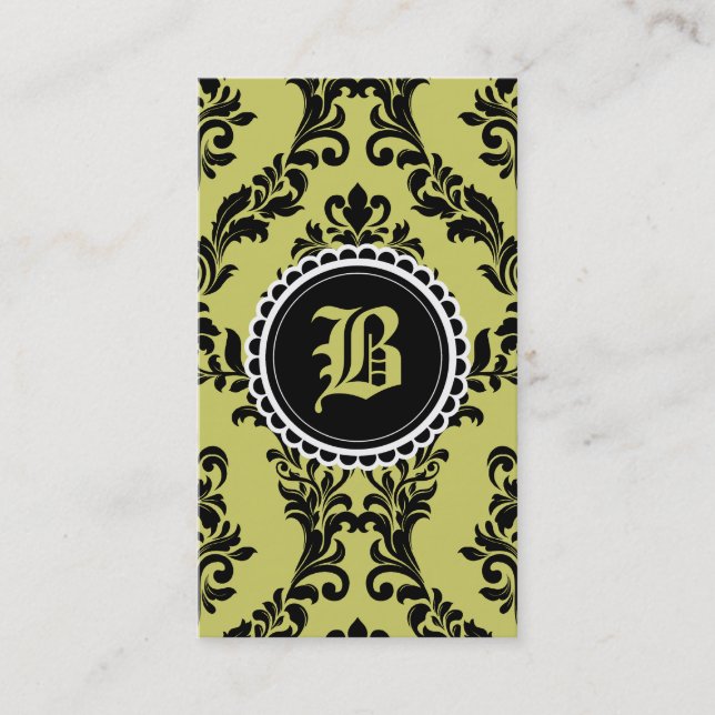 Carte De Visite Fleur de monogramme de damassé de noir de vert de (Devant)