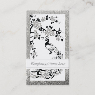 Carte De Visite Fleur de paon et de cerisiers en faux argent noir