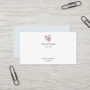 Carte de visite fleur de pivoine rayure bleue