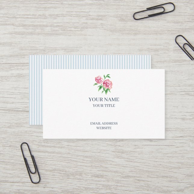 Carte de visite Fleur de pivoines roses Rayure ble (Devant/Arrière en situation)