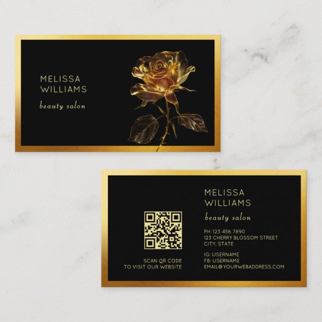 Carte De Visite Fleur de Rose Or Luxe (Devant / Derrière)