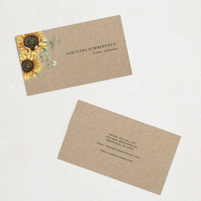 Carte De Visite Fleur de Soleil Florale Moderne Eucalyptus Vert (Sunflower Eucalyptus Watercolor Modern Business Card)