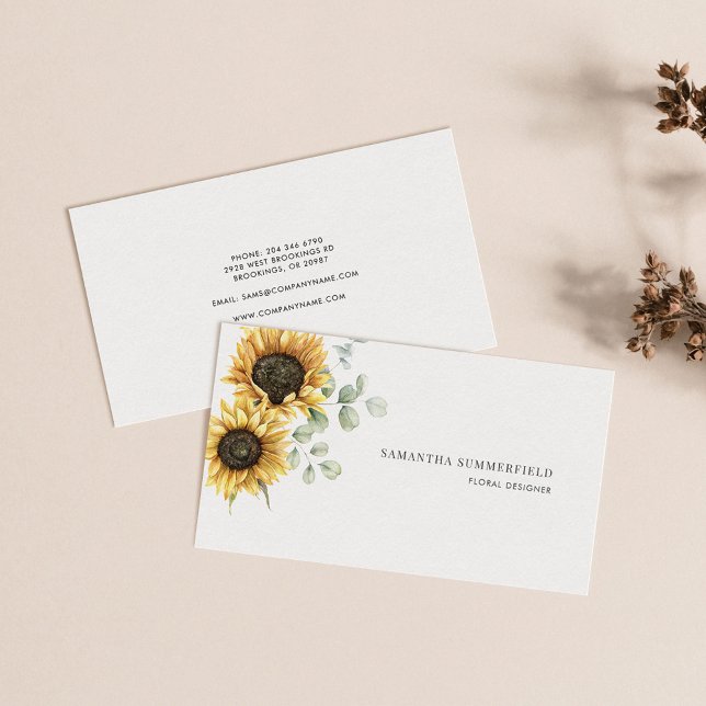 Carte De Visite Fleur de Soleil Florale Moderne Eucalyptus Vert (Sunflower Eucalyptus Greenery Modern Business Card)