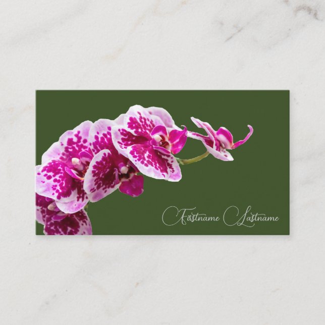Carte De Visite Fleur d'orchidée rose calligraphie vert foncé (Devant)