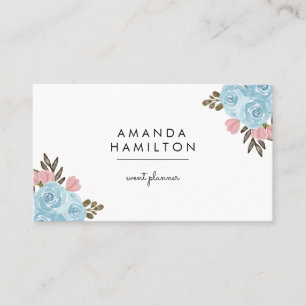 Carte De Visite Fleur et feuille d'aquarelle moderne classique BLU