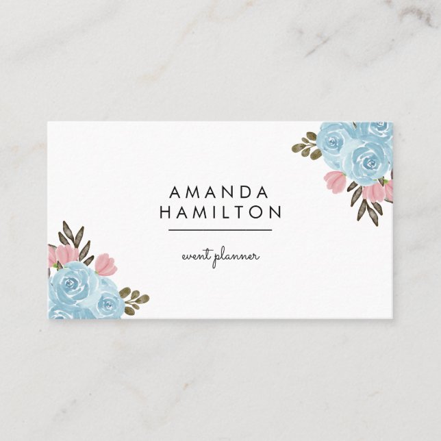 Carte De Visite Fleur et feuille d'aquarelle moderne classique BLU (Devant)