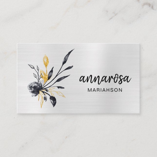 Carte De Visite *~* Fleur Floral Argent LOGO PHOTO Or QR (Devant)