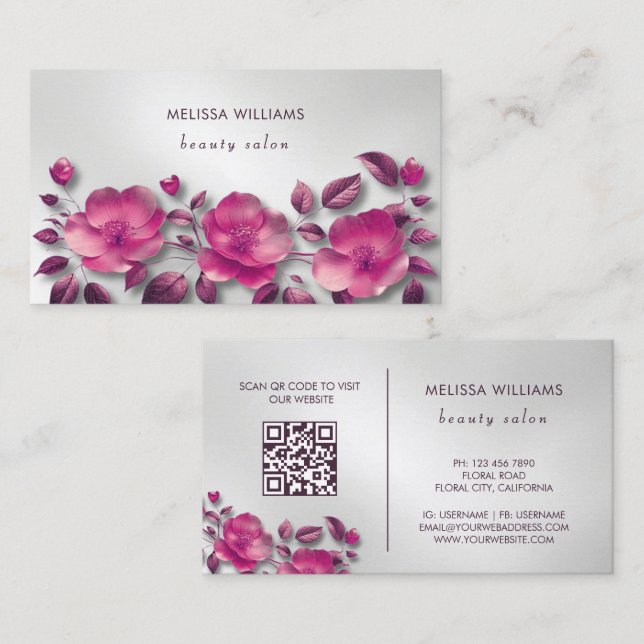 Carte De Visite Fleur métallique rose brillant argent (Devant / Derrière)