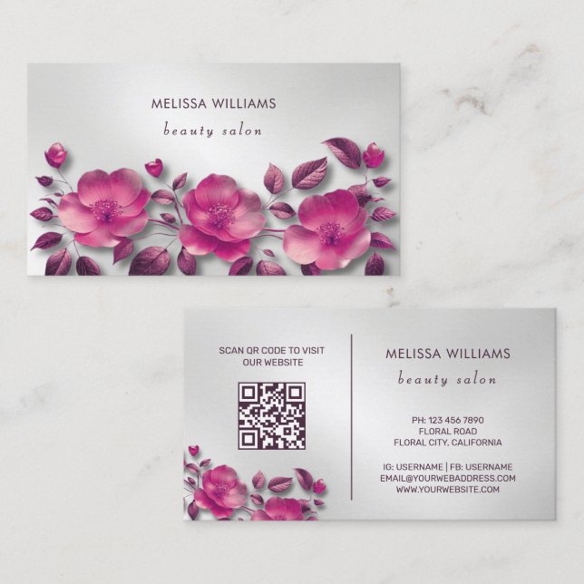 Carte De Visite Fleur métallique rose brillant Argent (Devant / Derrière)