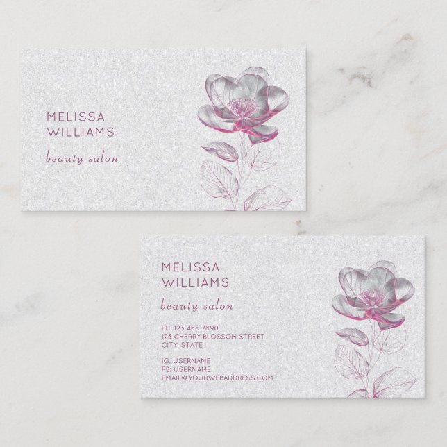 Carte De Visite Fleur métallique rose brillant transparent (Devant / Derrière)