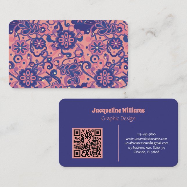 Carte De Visite Fleur Psychedelique Groovy Violet 60s 70s  (Devant / Derrière)