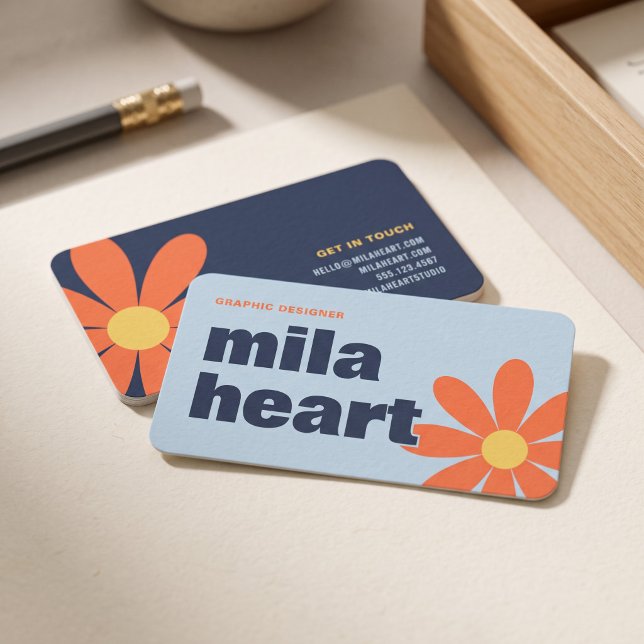 Carte De Visite Fleur Retro Bleu Orange (Simulated business cards on table)