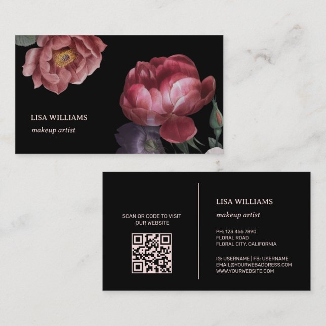 Carte De Visite Fleur Rose dessinée à la main noir (Devant / Derrière)