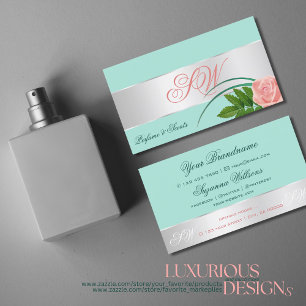 Carte De Visite Fleur Rose turquoise à décor argenté avec Monogram