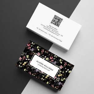Carte De Visite Fleur sauvage QR Code printemps floral noir