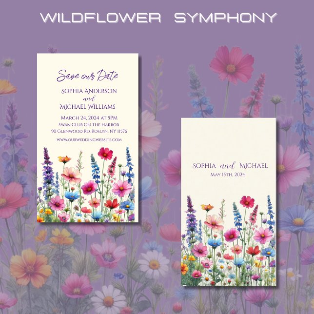 Carte De Visite Fleur sauvage Symphony Mariage-Enregistrer la date (Wildflower Symphony Wedding Save the Date-Colorful, Rustic, Country, Bohemian, Elegant)