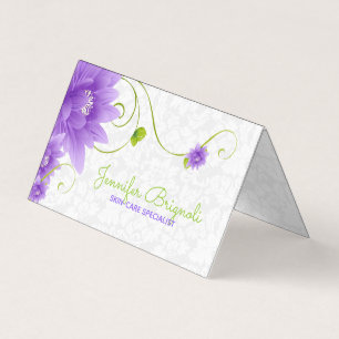 Carte De Visite Fleur violette sur Damas blanc