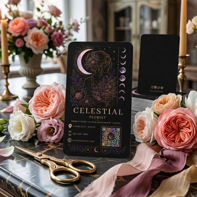Carte De Visite Fleuriste Céleste Luxe Noir Or QR  (Créateur téléchargé)